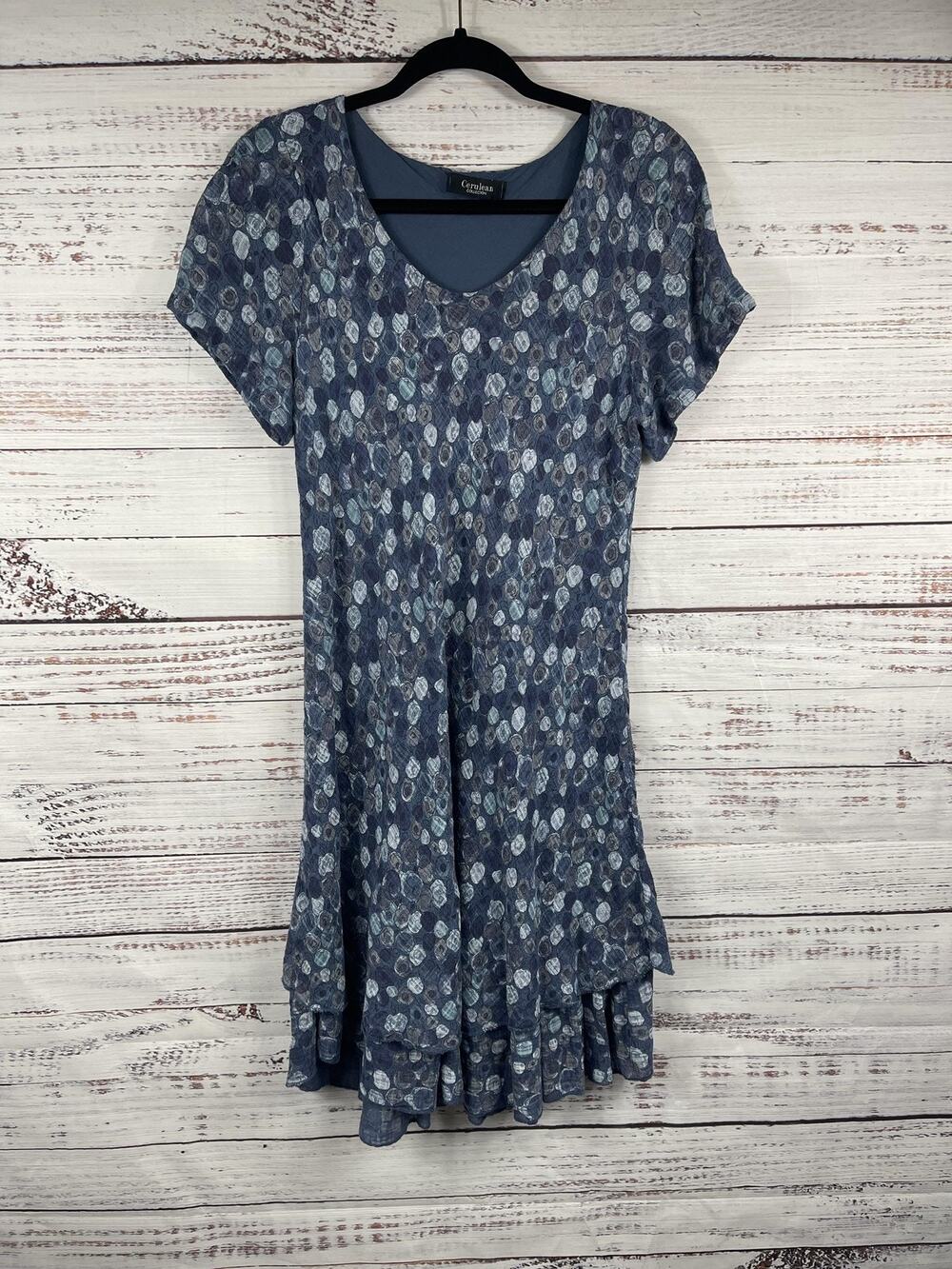 Cerulean Dress Women's Size Small Blue Floral Scoop Neck Ruffle Hem Knee Length